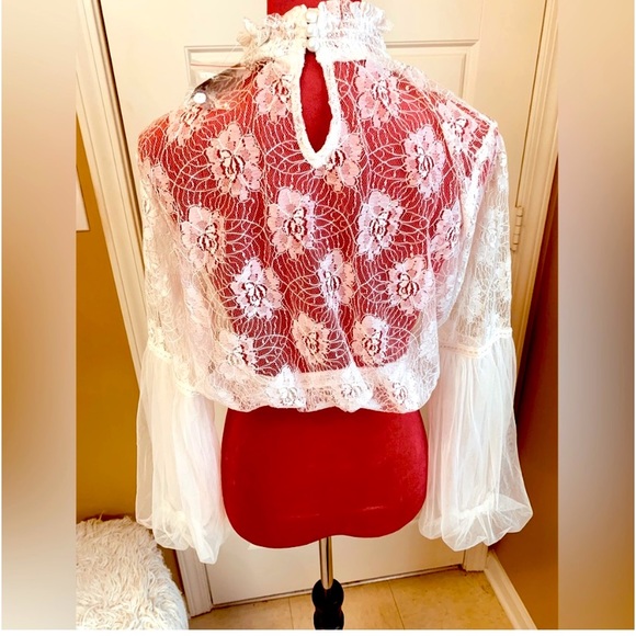 LACE HIGH NECK FULL BALLOON SLEEVE BLOUSE - Picture 7 of 8